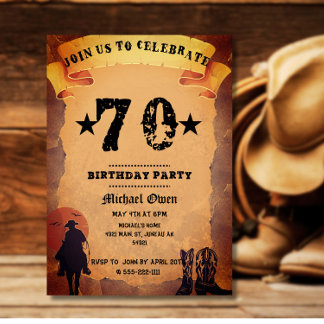 Invitation anniversaire 70 ans cowboy papier vieux cheval à c