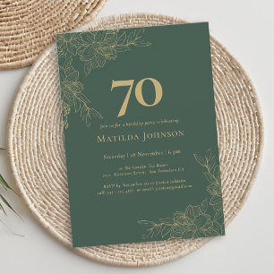 Invitation Anniversaire 70 Ans Élégant Floral Vert Or