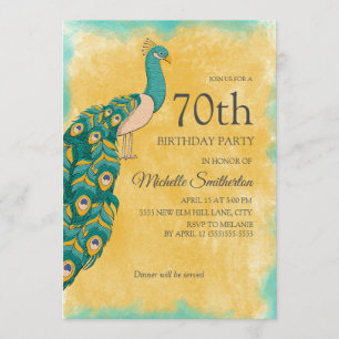 Invitation Anniversaire 70 ans Paon Aquarelle Teal Jaune