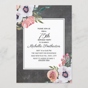 Invitation Anniversaire 75 ans Floral Rose Blanc Tableau Noir