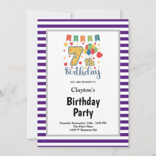 Invitation anniversaire 7 ans encadrée de rayures 