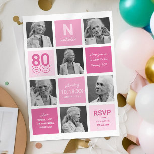 Invitation anniversaire 80 ans rose moderne avec p