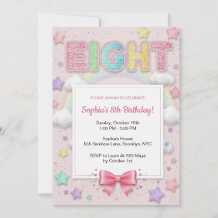 Invitation Anniversaire 8 ans fille arc-en-ciel pastel paille