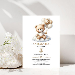 Invitation Anniversaire 8 ans Teddy Bear Or Ballons Ivoire