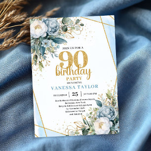 Invitation anniversaire 90 ans cadre or floral ble