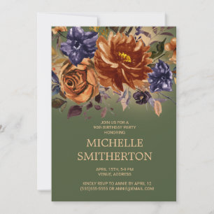 Invitation Anniversaire 90 ans Fleur Orange Bleu Floral Vert