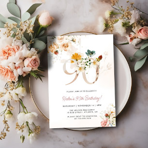 Invitation Anniversaire 90 Ans Fleurie Rose et Or