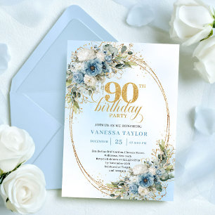 Invitation Anniversaire 90 ans Floral Blanc Bleu Bohème Éléga