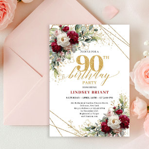 Invitation anniversaire 90 ans Merlot Floral Gold