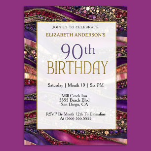 Invitation Anniversaire 90 Ans Strata Violet Or Bijou Moderne