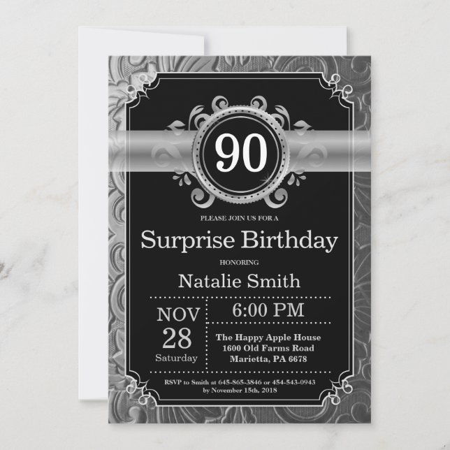 Invitation Anniversaire 90 ans surprise paillettes noires et  (Devant)