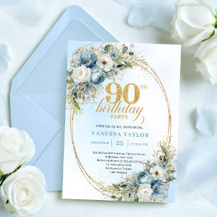 Invitation Anniversaire 90 ans Vintage Bohème Bleu Floral Or