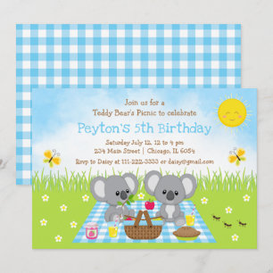 Invitation Anniversaire à carreaux bleus du pique-nique de Ko