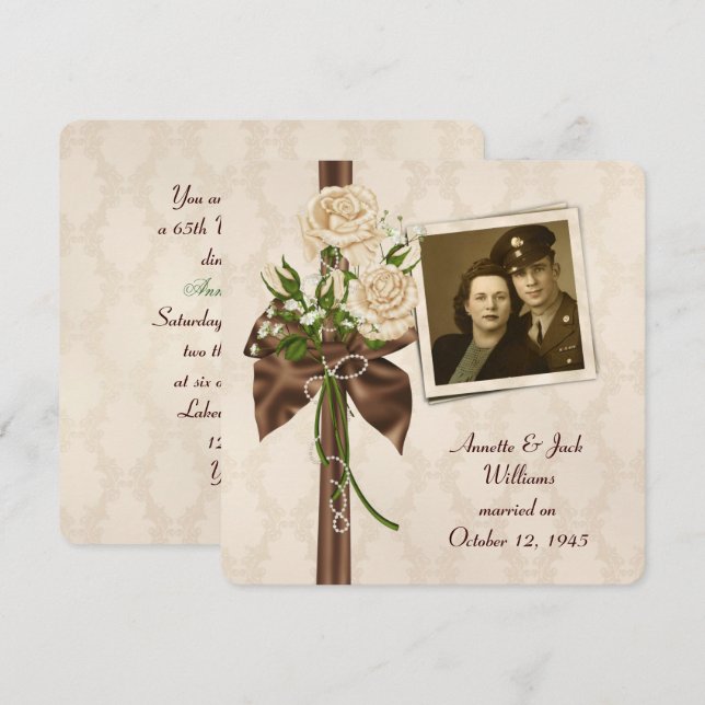 Invitation Anniversaire à l'ancienne avec roses sur damas (Devant / Derrière)
