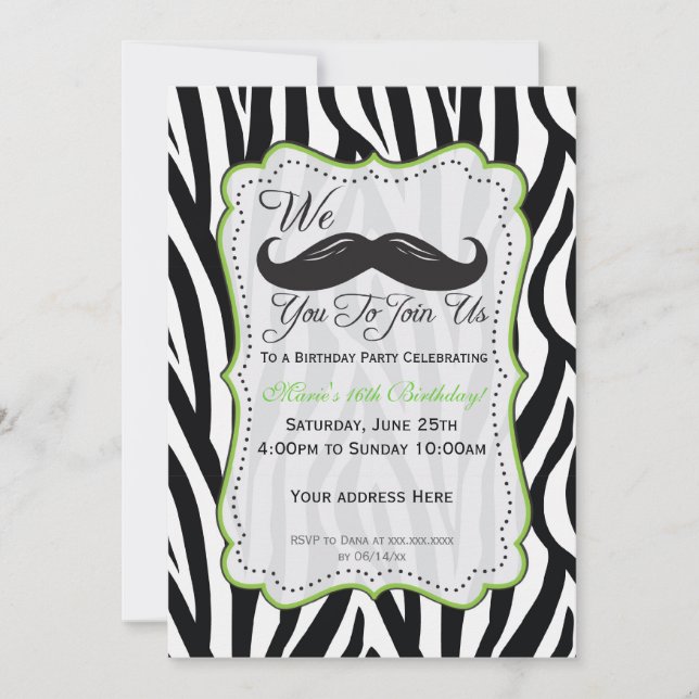 Invitation Anniversaire à Moustache de Zèbre - Noir & Vert Ci (Devant)