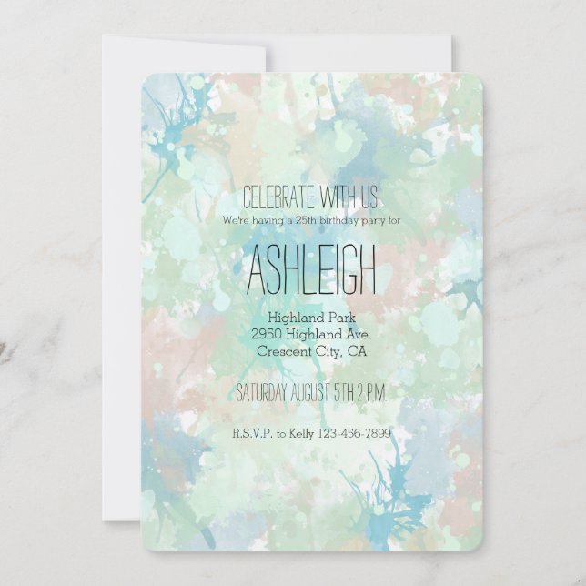 Invitation Anniversaire Abstraite Mint Blue Watercolor Splash (Devant)