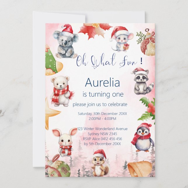 Invitation Anniversaire adorable des animaux d'hiver (Devant)
