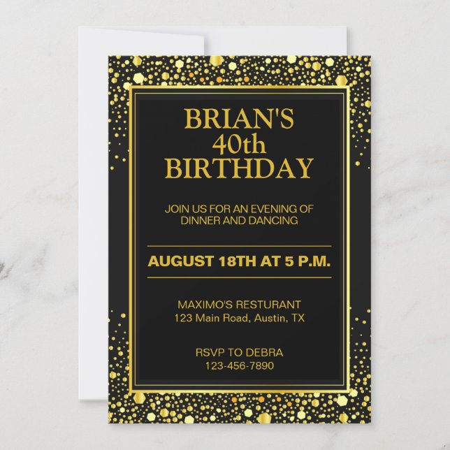 Invitation Anniversaire adulte noir et or élégant (Devant)