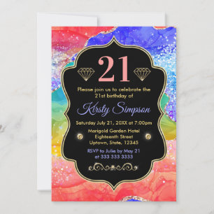 Invitation Anniversaire agate encre alcool arc-en-ciel glamou