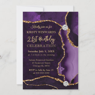 Invitation Anniversaire Agate Fausse Brillante Violet et Or