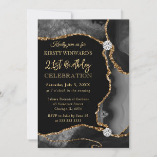 Invitation Anniversaire Agate Fausse Pailletée Noir et Or