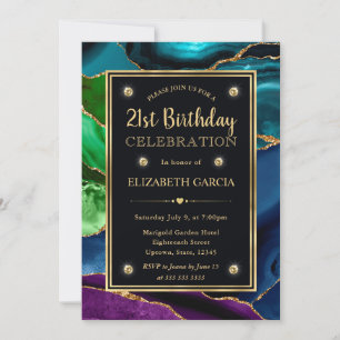 Invitation Anniversaire Agate Pailletée Violet, Bleu et Vert