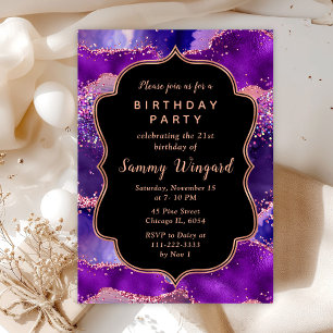 Invitation Anniversaire Agate Violet foncé et Sequins Roses