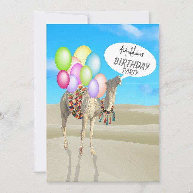 Invitation Anniversaire Amusement Désert Camel Ballons coloré (Devant)