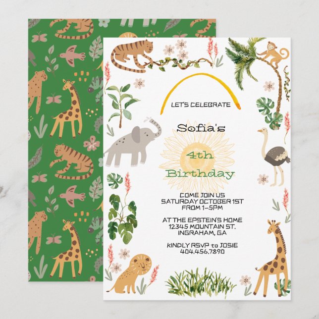 Invitation Anniversaire animal de la Jungle mignonne (Devant / Derrière)