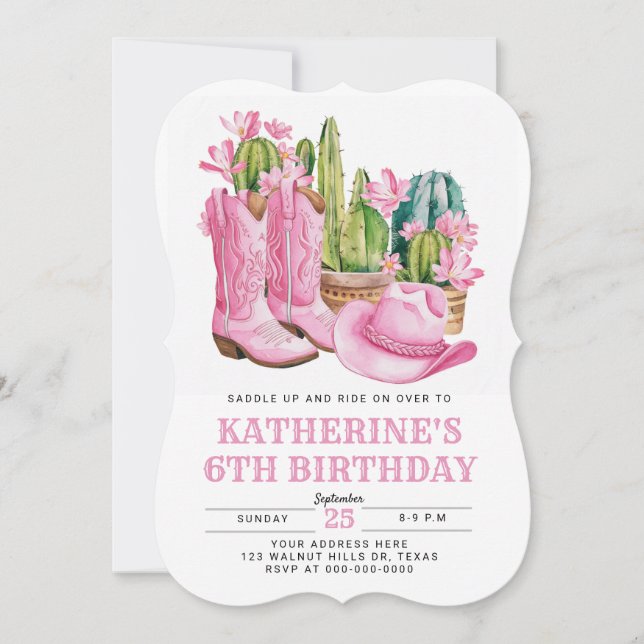 Invitation anniversaire aquarelle Cactus Cowgirl O (Devant)