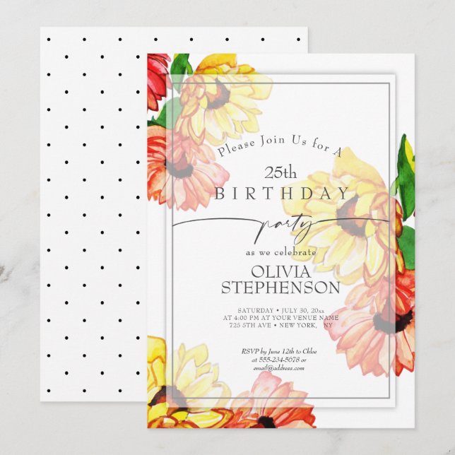 Invitation Anniversaire | Aquarelle Jaune et Rouge Gerbera Da (Devant / Derrière)