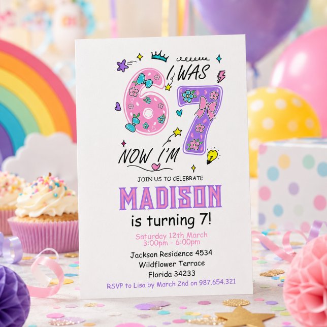 Invitation Anniversaire arc-en-ciel 7 ans | “J'avais 6 ans, m (rainbow 7th Birthday | “I Was 6, Now 7” Party Invitation
)