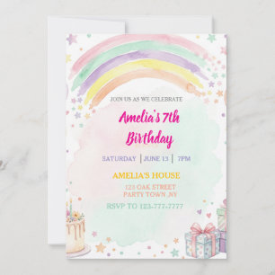 Invitation Anniversaire Arc-en-Ciel Aquarelle Pastel