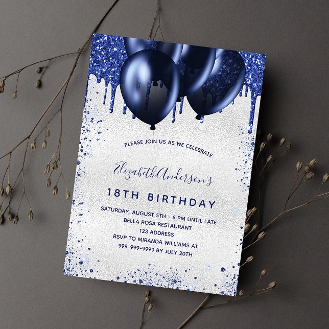 Invitation Anniversaire argent marine bleu gouttes ballons lu (Créateur téléchargé)