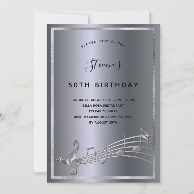 Invitation Anniversaire argent or notes de musique (Devant)