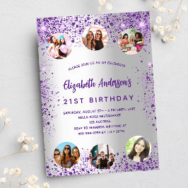Invitation Anniversaire argent violet mousseux photo amis