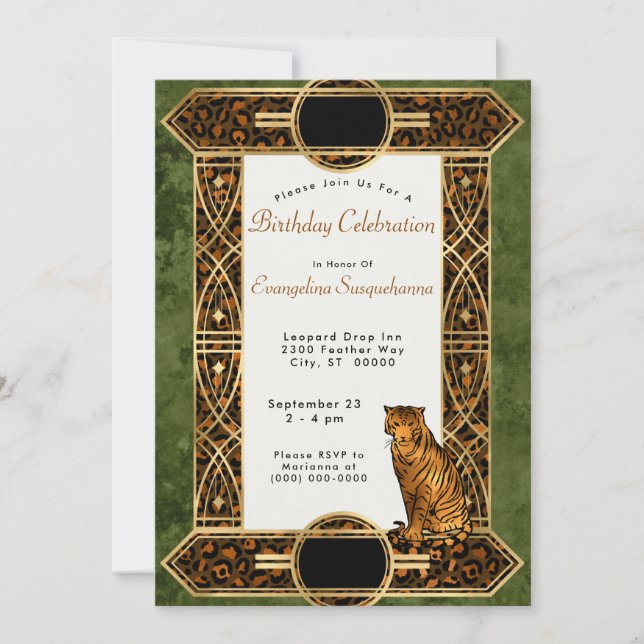 Invitation Anniversaire Art Déco de l'élégant tigre vert cuiv (Devant)