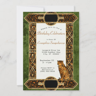 Invitation Anniversaire Art Déco de l'élégant tigre vert cuiv