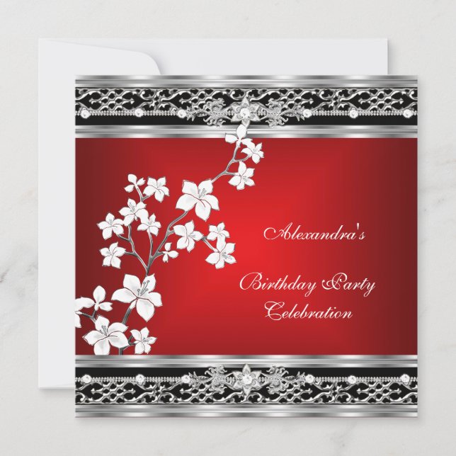 Invitation Anniversaire Asiatique Rouge Noir Floral Argent Bl (Devant)