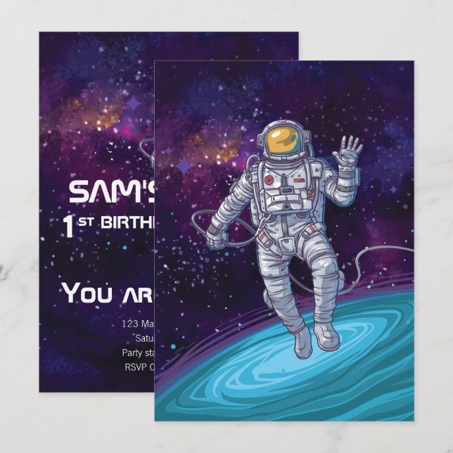 Invitation Anniversaire. Astronaut dans l'espace avec étoiles (Devant / Derrière)