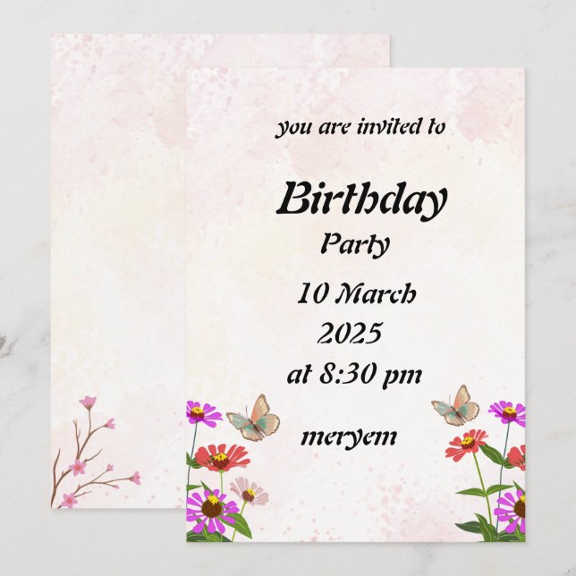 invitation anniversaire avec Floral aux papillons (Devant / Derrière)