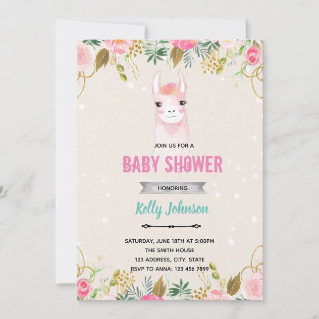 Invitation anniversaire baby shower lama floral (Devant)