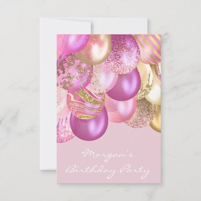 Invitation Anniversaire Baby shower or rose Ballons fête (Dos)