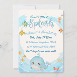 Invitation Anniversaire Baleine Vague Bleue Aquarelle