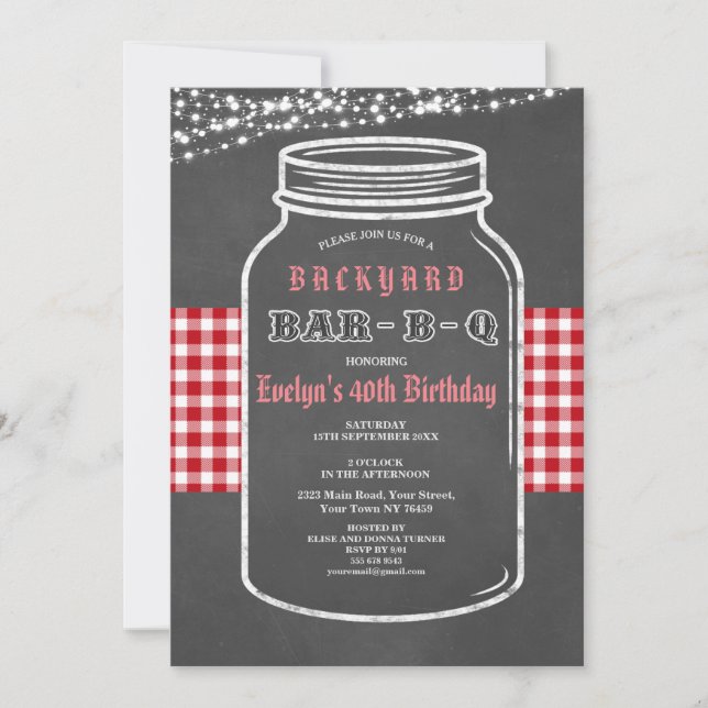 Invitation Anniversaire BARBEQUE Mason Jar Red En vichy Invit (Devant)