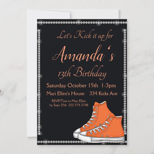 Invitation Anniversaire basket, Baskets orange, Diamants (Devant)