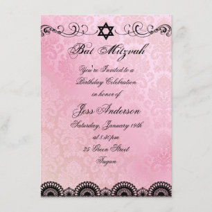 Invitation anniversaire Bat Mitzvah dentelle rose 