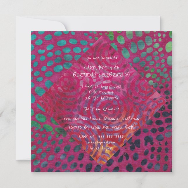 Invitation Anniversaire Batik Tropical Abstrait rose violet (Devant)