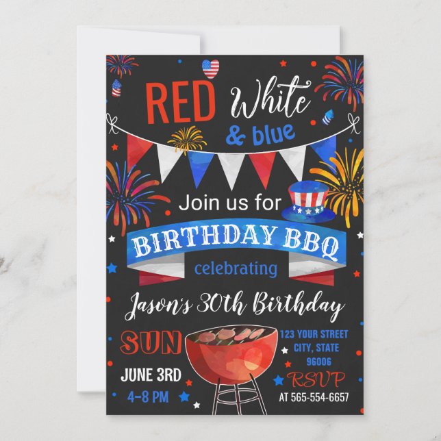 Invitation anniversaire BBQ Rouge Blanc et Bleu (Devant)