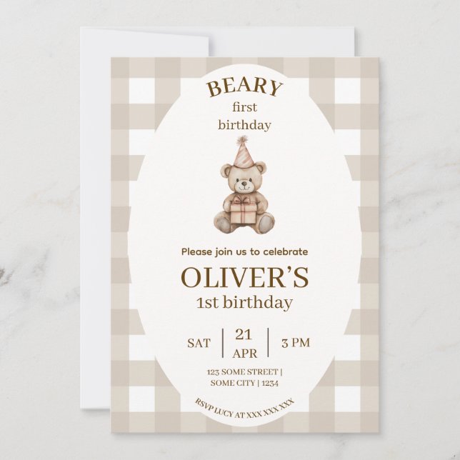 Invitation anniversaire Beary Gingham modifiable (Devant)